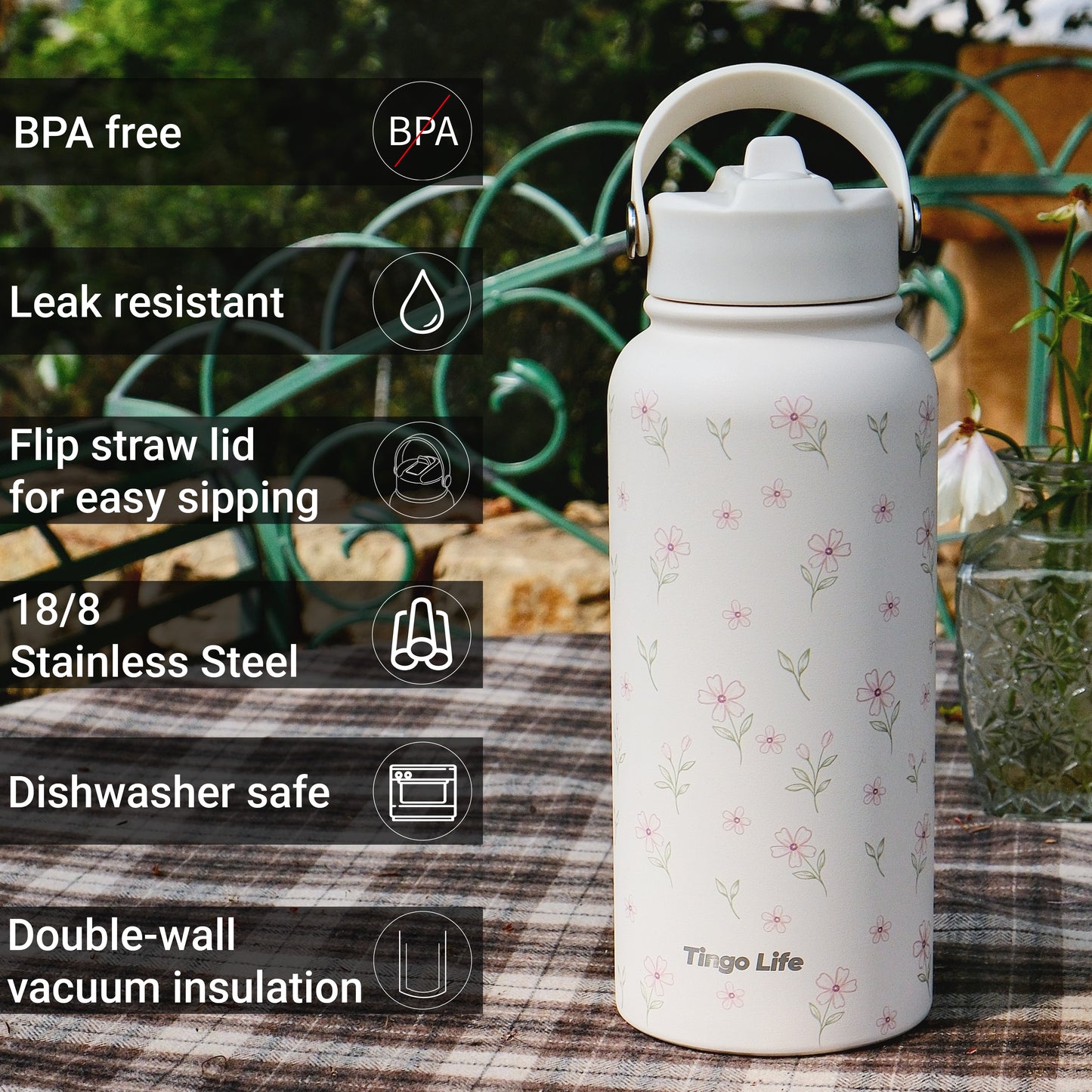 Tingo Life 32oz/1000ml Insulated Stainless steel water bottle - Floral Design