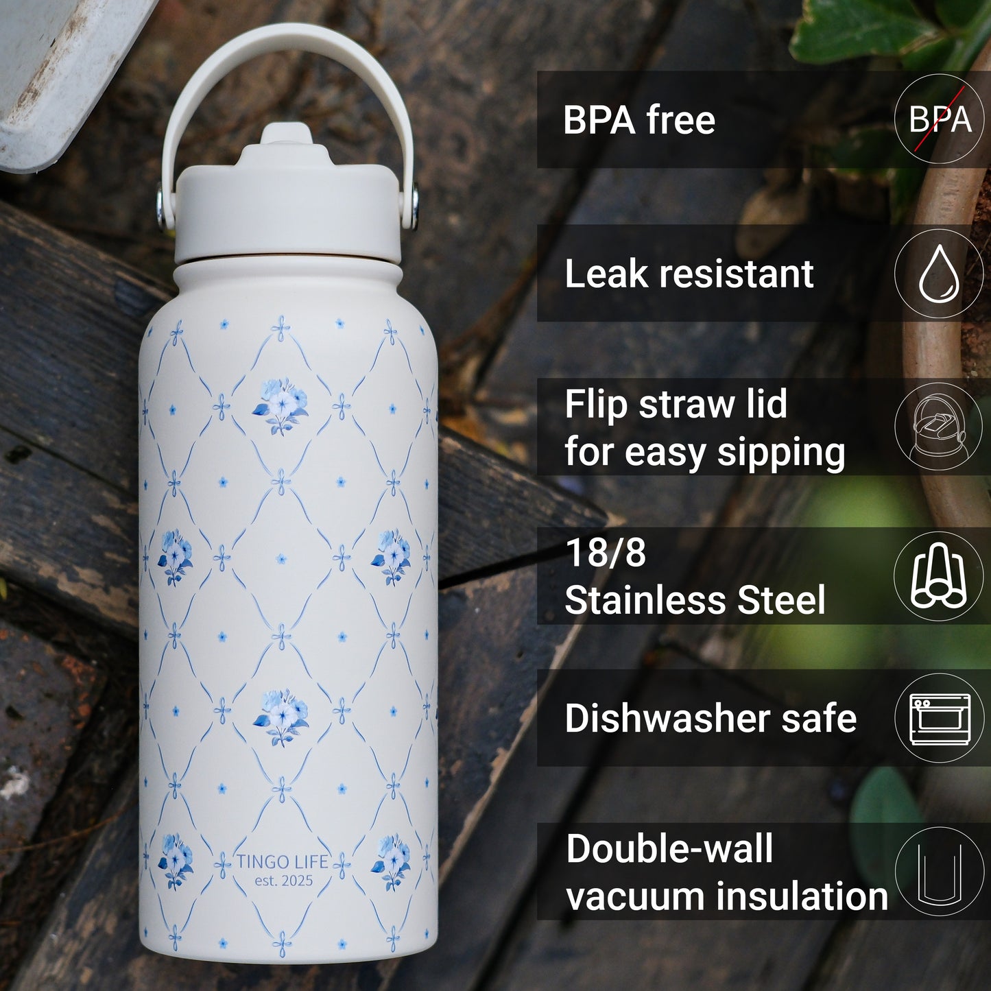 Tingo Life 32oz/1000ml Insulated Stainless steel water bottle - Vintage Chinoiserie floral Design