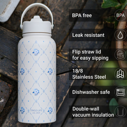 Tingo Life 32oz/1000ml Insulated Stainless steel water bottle - Vintage Chinoiserie floral Design