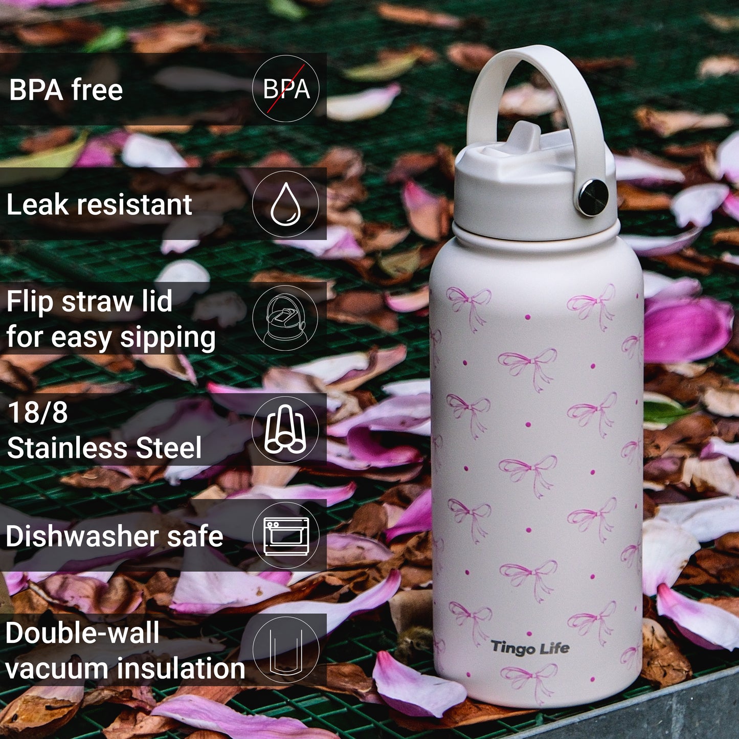 Tingo Life 32oz/1000ml Insulated Stainless steel water bottle - Pink Bow Design