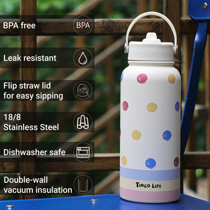 Tingo Life 32oz/1000ml Insulated Stainless steel water bottle - Polka Dots Design