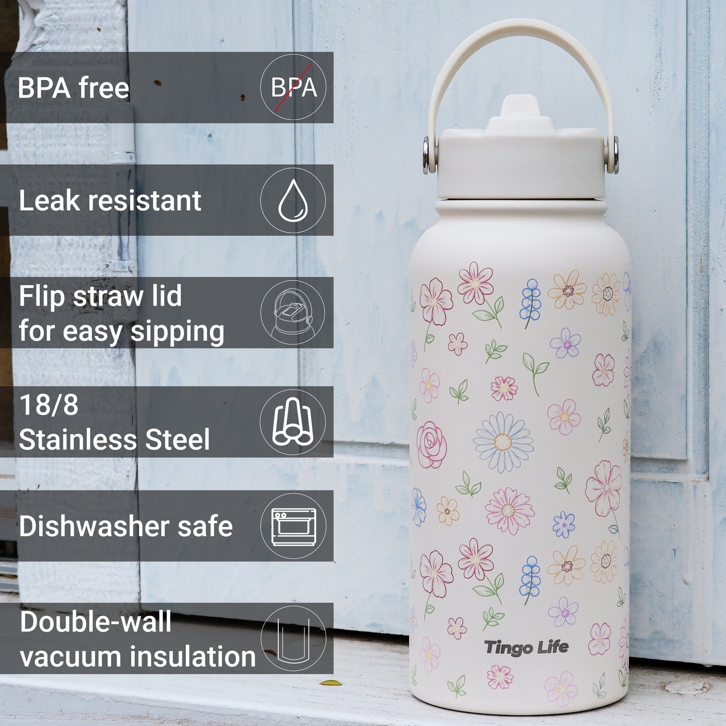 Tingo Life 32oz/1000ml Insulated Stainless steel water bottle - Flower Design