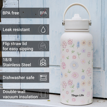 Tingo Life 32oz/1000ml Insulated Stainless steel water bottle - Flower Design