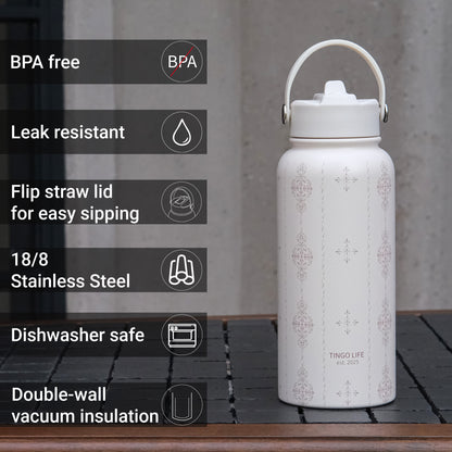 Tingo Life 32oz/1000ml Insulated Stainless steel water bottle - Acanthus Leaves Design