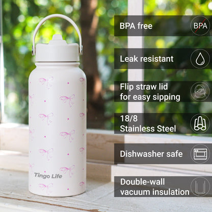 Tingo Life 32oz/1000ml Insulated Stainless steel water bottle - Pink Bow Design