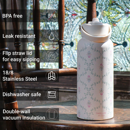 Tingo Life 32oz/1000ml Insulated Stainless steel water bottle - Vintage Victorian Vine Design