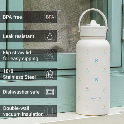Tingo Life 32oz/1000ml Insulated Stainless steel water bottle - Iris Flower Design
