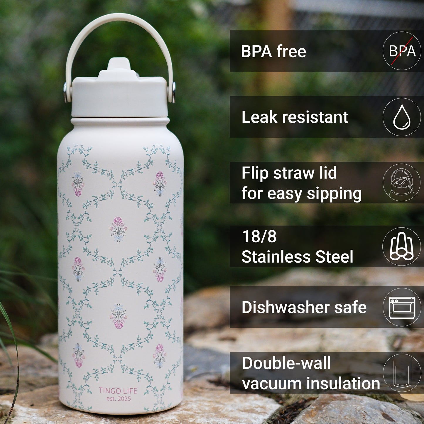 Tingo Life 32oz/1000ml Insulated Stainless steel water bottle - Vintage Victorian Vine Design