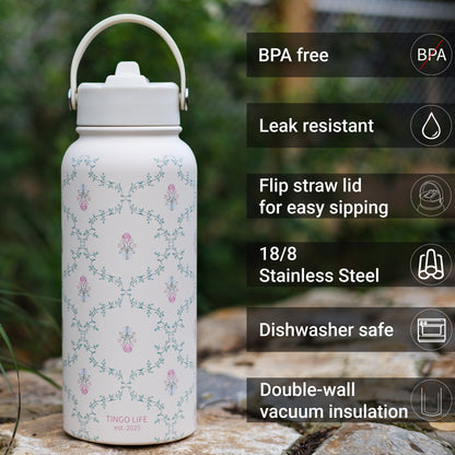 Tingo Life 32oz/1000ml Insulated Stainless steel water bottle - Vintage Victorian Vine Design