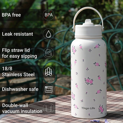 Tingo Life 32oz/1000ml Insulated Stainless steel water bottle - Rosachinensis Design