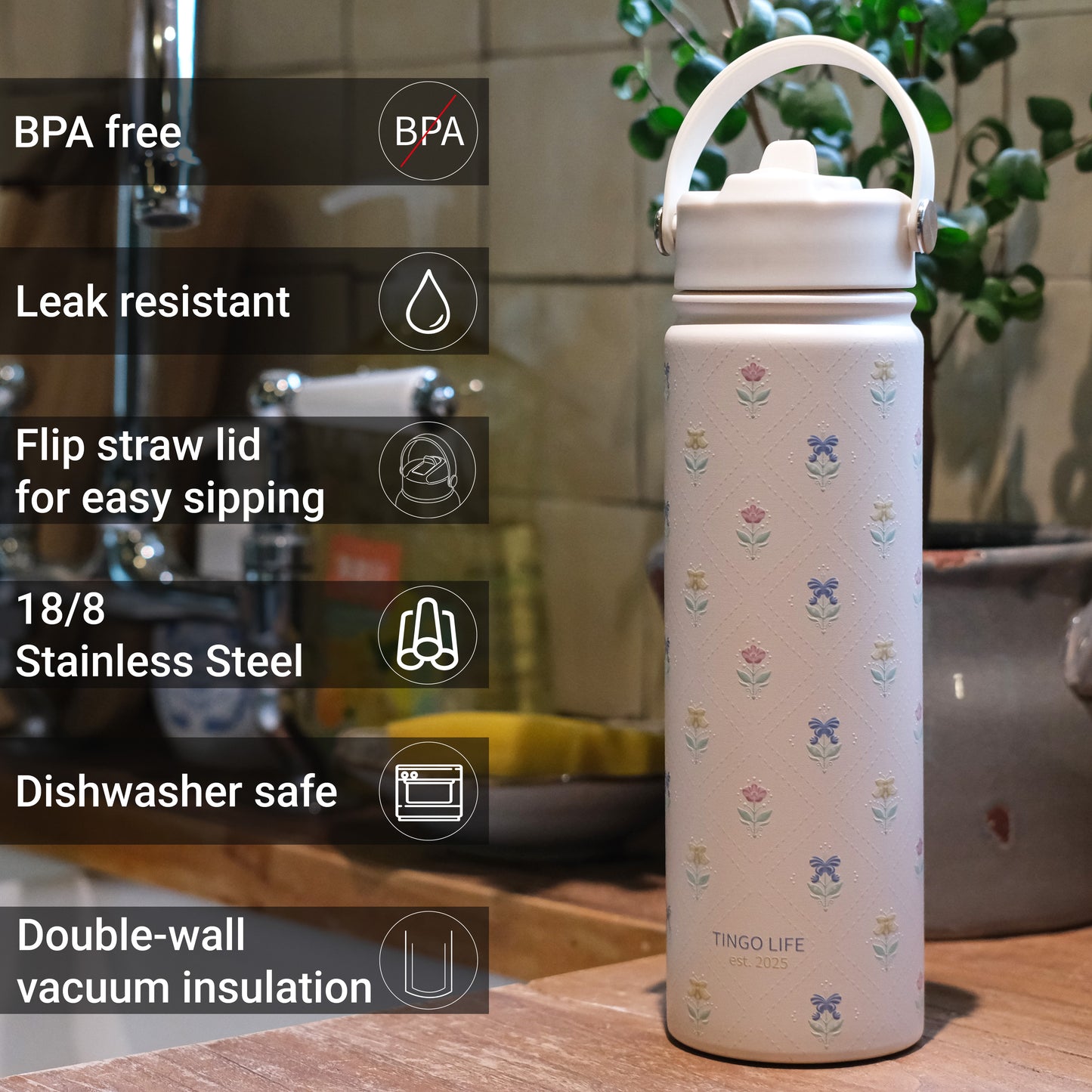 Tingo Life 25oz/750ml Insulated Stainless steel water bottle - Iris Flower Design