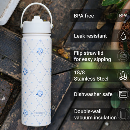 Tingo Life 25oz/750ml Insulated Stainless steel water bottle - Vintage Chinoiserie floral Design