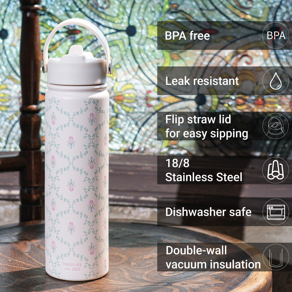Tingo Life 25oz/750ml Insulated Stainless steel water bottle - Vintage Victorian Vine Design