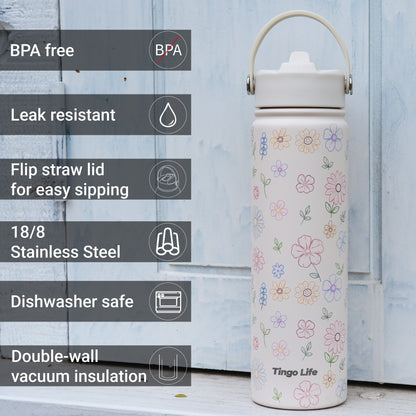 Tingo Life 25oz/750ml Insulated Stainless steel water bottle - Flower Design