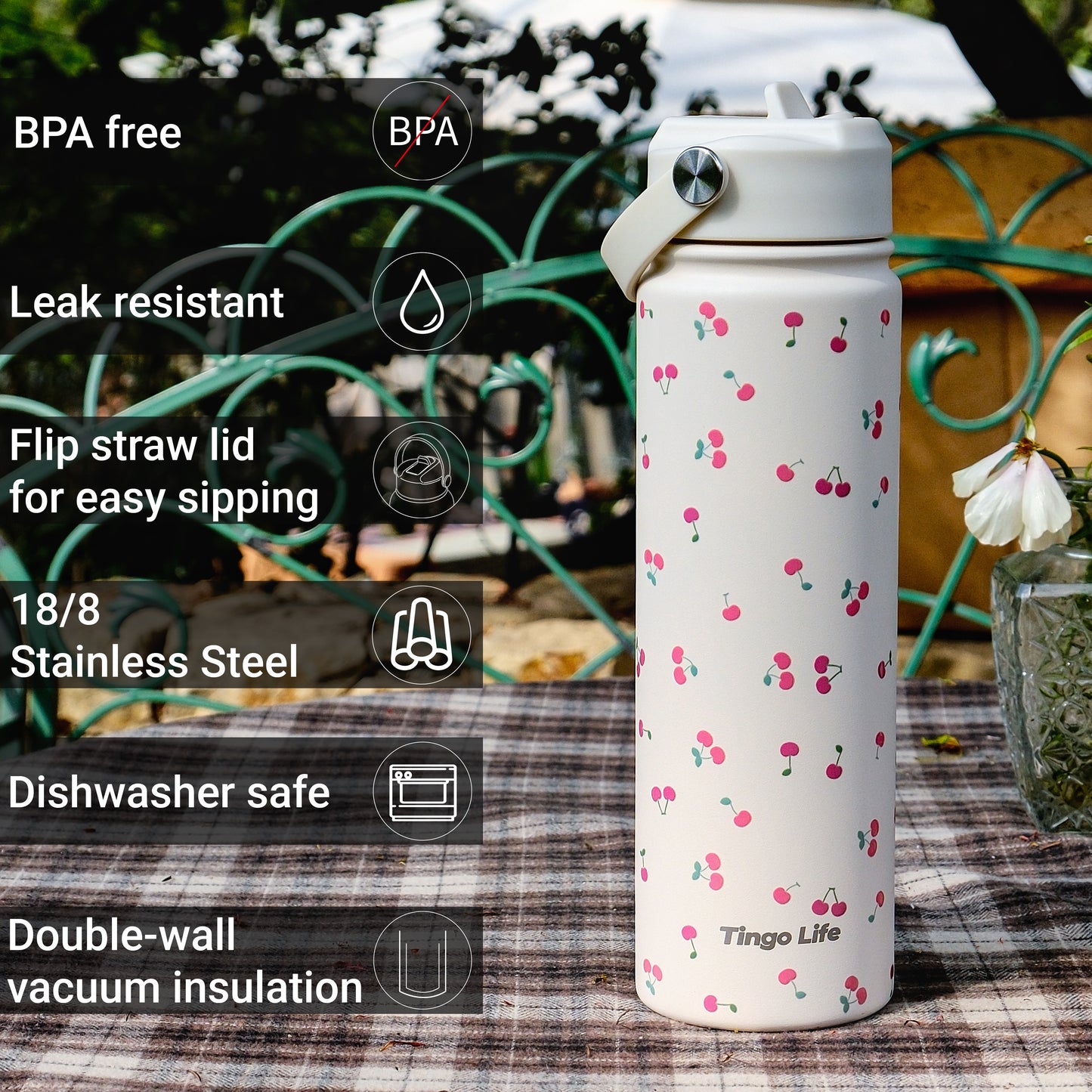 Tingo Life 25oz/750ml Insulated Stainless steel water bottle - Cherry Design