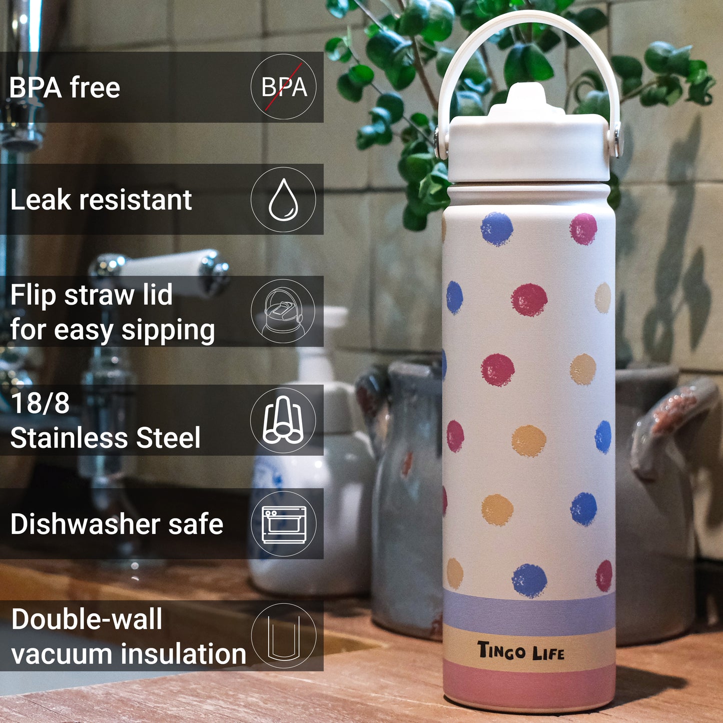 Tingo Life 25oz/750ml Insulated Stainless steel water bottle - Polka Dots Design
