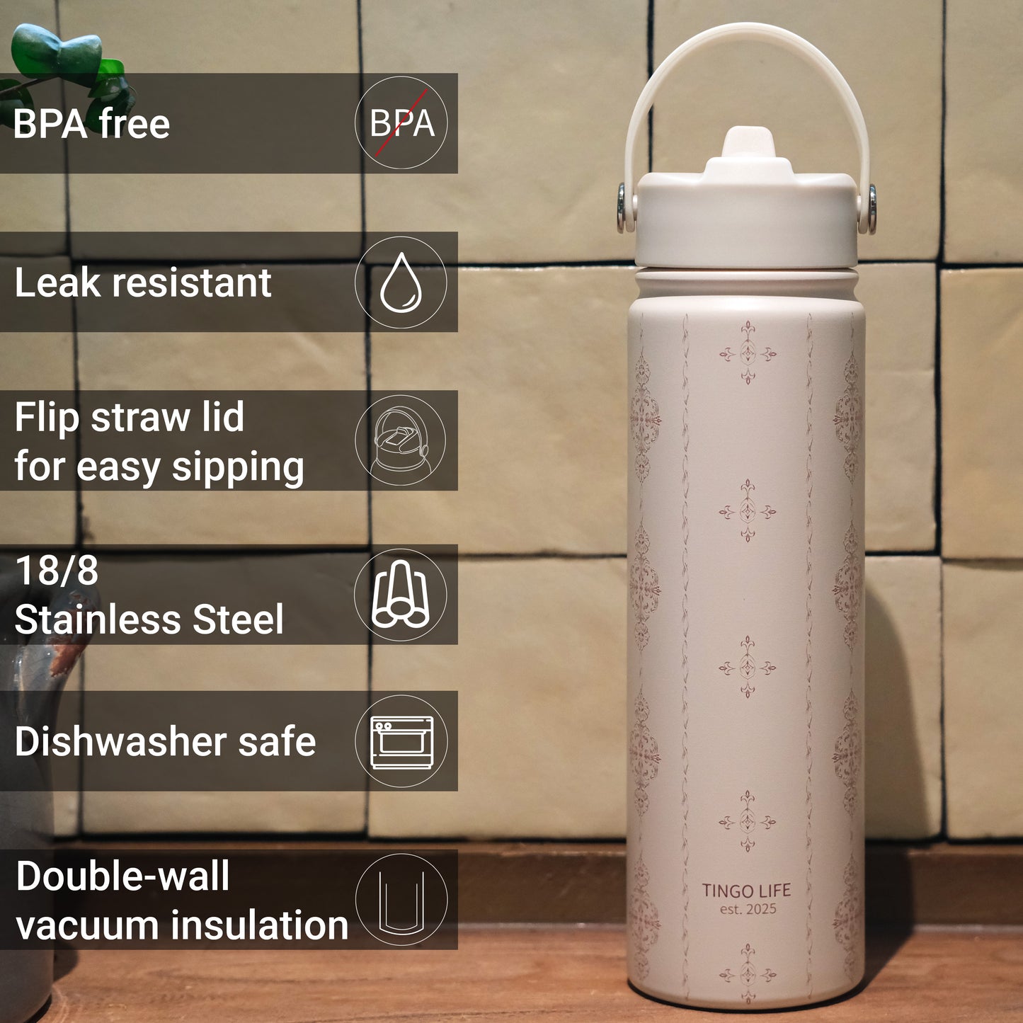 Tingo Life 25oz/750ml Insulated Stainless steel water bottle - Acanthus Leaves Design