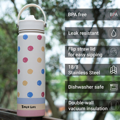 Tingo Life 25oz/750ml Insulated Stainless steel water bottle - Polka Dots Design