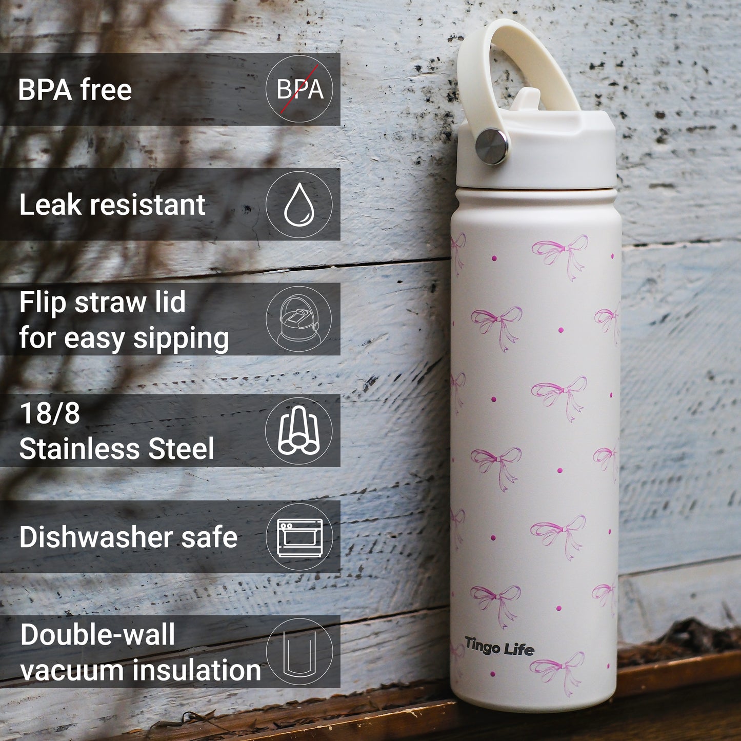 Tingo Life 25oz/750ml Insulated Stainless steel water bottle - Pink Bow Design