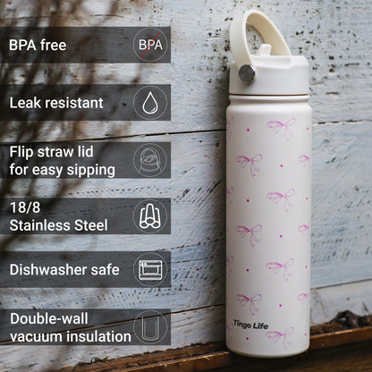 Tingo Life 25oz/750ml Insulated Stainless steel water bottle - Pink Bow Design