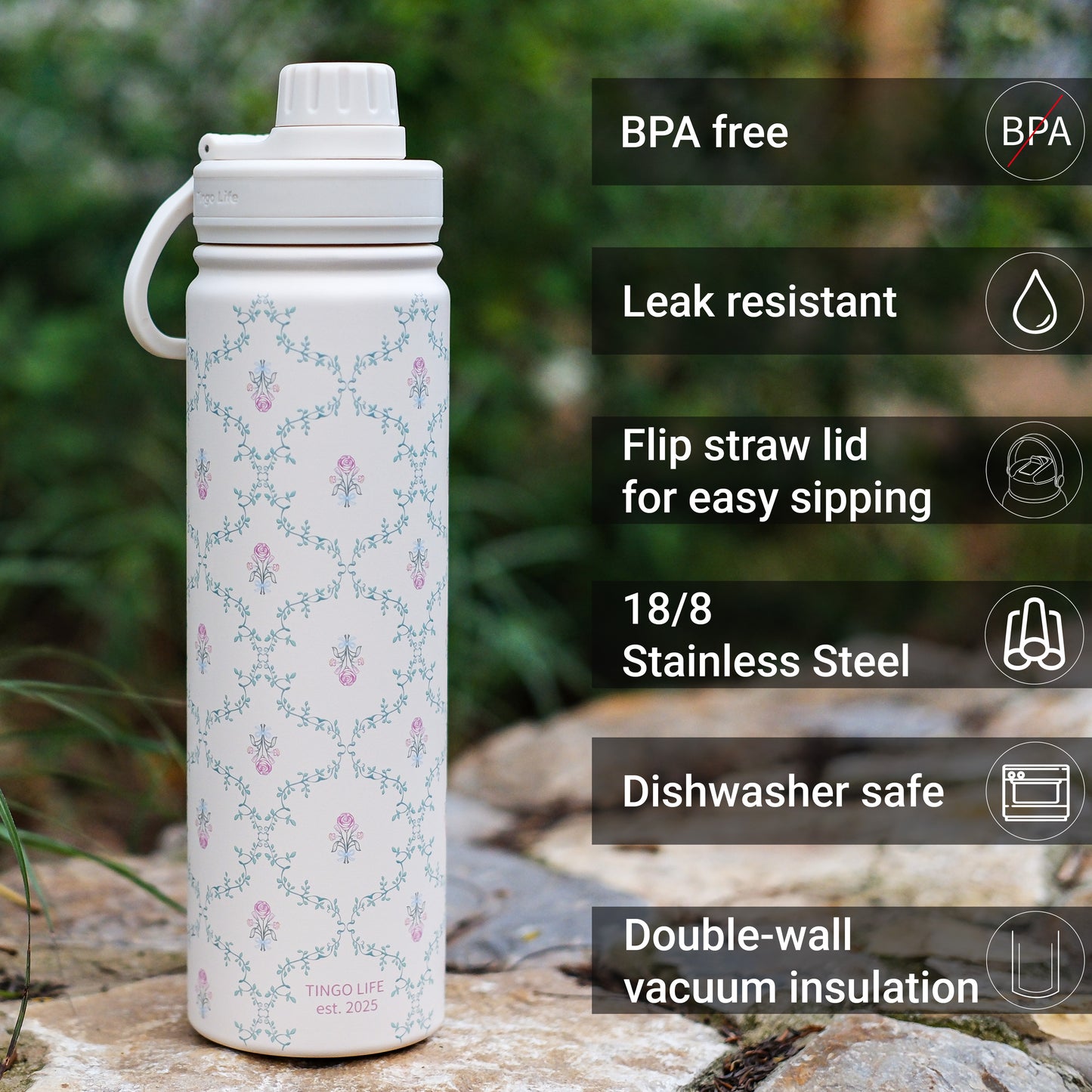 Tingo Life 25oz/750ml Insulated Stainless steel water bottle - Vintage Victorian Vine Design