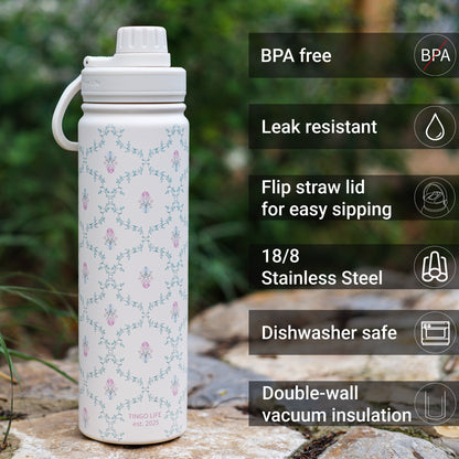 Tingo Life 25oz/750ml Insulated Stainless steel water bottle - Vintage Victorian Vine Design