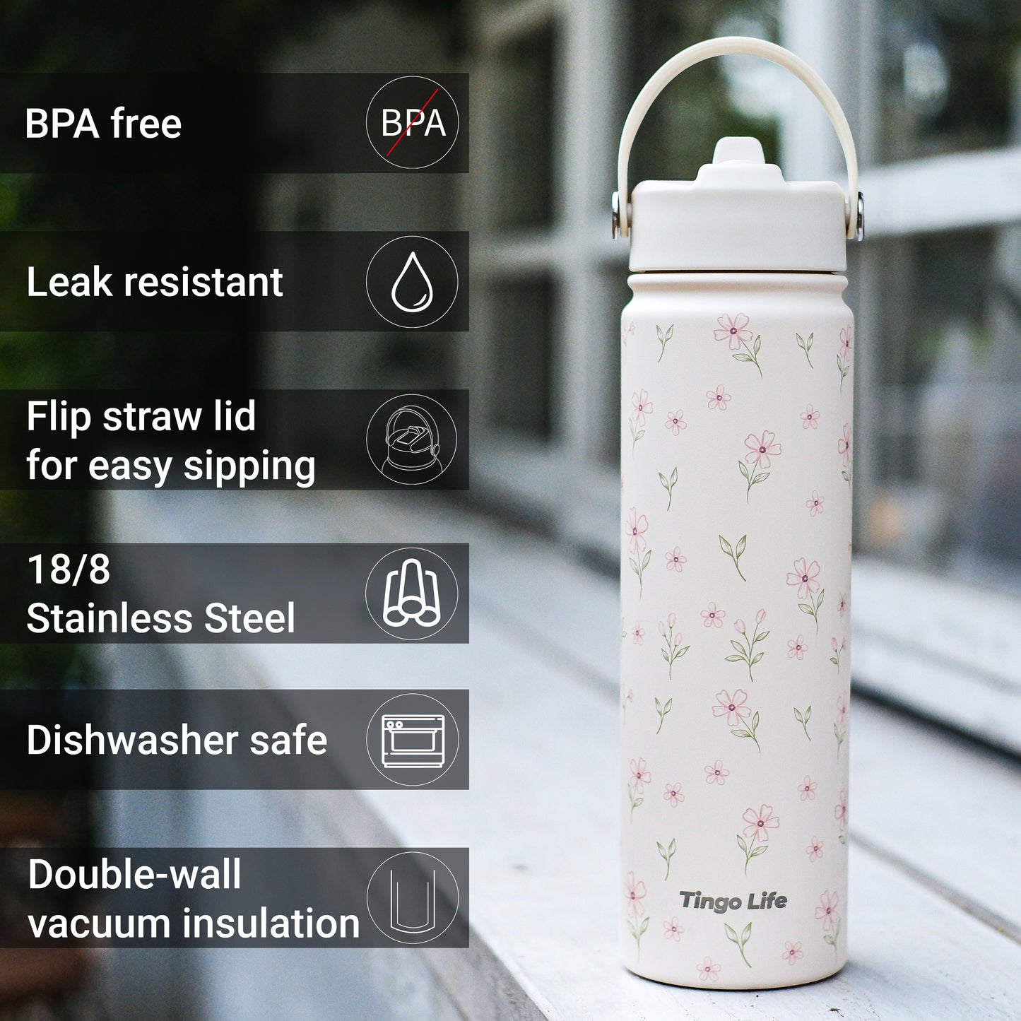 Tingo Life 25oz/750ml Insulated Stainless steel water bottle - Floral Design